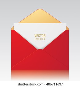 Vector envelope template. Red opened envelope isolated on a background. Realistic mockup.