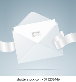 Vector envelope. White envelope with blank paper and ribbon. Realistic mockup.