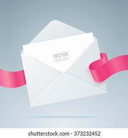 Vector envelope. White envelope with letter and pink ribbon. Realistic mockup.