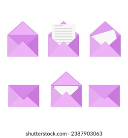  Vector Envelopes with Blank Letter. Folded, Unfolded Isolated Envelope Set. Design Template. Message, Notification, Mailing, Surprise and Congratulations Concept