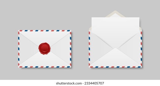 Vector Envelopes with Red Wax Seal and Blank Letter. Folded, Unfolded Isolated Envelope Set in Top View. Design Templat. Message, Notification, Mailing, Surprise and Congratulations Concept