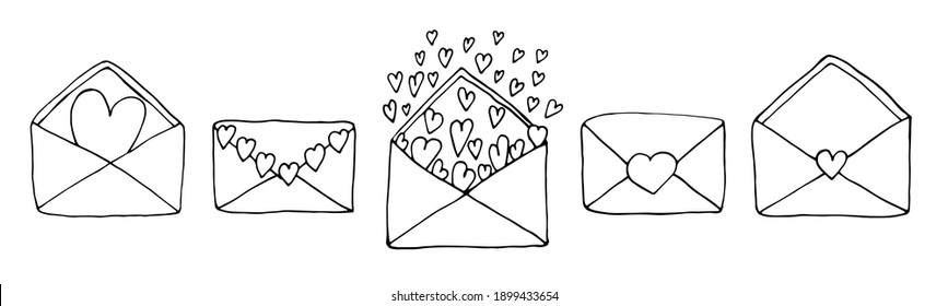 Vector envelopes set. Lovely envelopes with hearts. Cute holiday decoration, greeting cards, invitations, textile, doodle clip arts, coloring book.