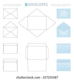 sobres vectoriales, esquemas y muestras realistas en color azul