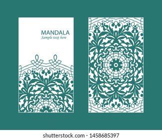 Vector envelopes for wedding invitation with laser cut pattern. Mandala, layout, design, Eastern, ethnic style wedding invitations. Collection envelopes for laser cutting mandala
