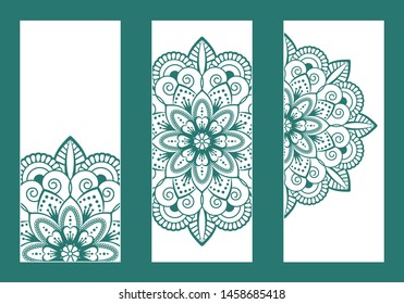Vector envelopes for wedding invitation with laser cut pattern. Mandala, layout, design, Eastern, ethnic style wedding invitations. Collection envelopes for laser cutting mandala