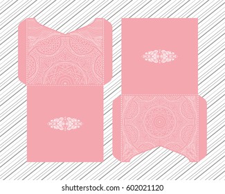 Vector envelopes for wedding invitation with laser cut pattern. Mandala, layout, design, Eastern, ethnic style wedding invitations. Collection envelopes for laser cutting mandala in light pink.
