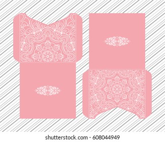 Vector envelopes for wedding invitation with laser cut pattern. Mandala, layout, design, Eastern, ethnic style wedding invitations. Collection envelopes for laser cutting mandala