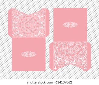 Vector envelopes for wedding invitation with laser cut pattern. Mandala, layout, design, Eastern, ethnic style wedding invitations. Collection envelopes for laser cutting mandala