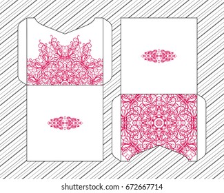 Vector envelopes for wedding invitation with laser cut pattern. Mandala, layout, design, Eastern, ethnic style wedding invitations. Collection envelopes for laser cutting mandala