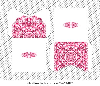 Vector envelopes for wedding invitation with laser cut pattern. Mandala, layout, design, Eastern, ethnic style wedding invitations. Collection envelopes for laser cutting mandala