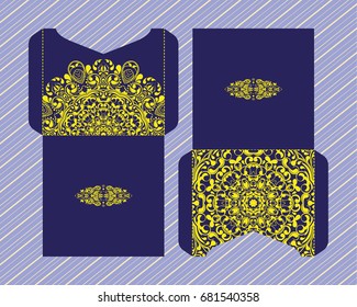 Vector envelopes for wedding invitation with laser cut pattern. Mandala, layout, design, Eastern, ethnic style wedding invitations. Collection envelopes for laser cutting mandala