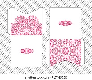 Vector envelopes for wedding invitation with laser cut pattern. Mandala, layout, design, Eastern, ethnic style wedding invitations. Collection envelopes for laser cutting mandala