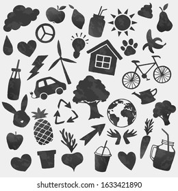 Vektorumgebungssymbole formen. Bio, Recycling, Vegan, Ökologie Lifestyle schwarze Aufkleber.