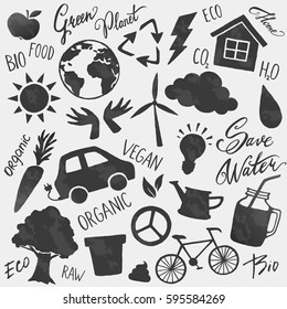 Vector environment icons shapes and lettering set. Bio, vegan, ecology
