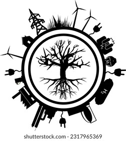 Vector environment icons with tree and roots - green energy is generated - strategy to balance