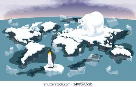 Vector Environment Pollution And Global Warming Illustration. Conceptual Image Of Melting World Shaped Glacier In Deep Blue Water With Animals Bear And Penguin. Plastic Garbage And Oil In The Water