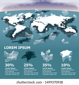 Vector Environment Pollution And Global Warming Illustration Info Chart Or Infographic. Conceptual Image Of Melting World Shaped Glacier In Deep Blue Water With Plastic Garbage And Oil