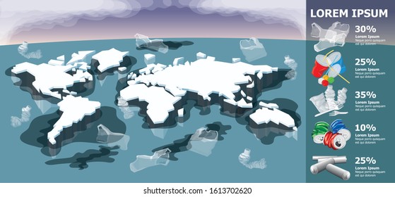 Vector Environment Pollution And Global Warming Illustration Info Chart. Conceptual Image Of Melting World Map Shaped Glacier In Deep Blue Water With Plastic Garbage And Oil