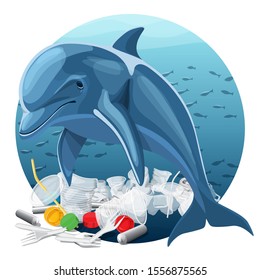 Vector Environment Pollution Illustration Of Dolphin. Ocean pollution. Ocean With Plastic Garbage And Dolphin