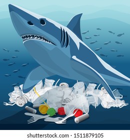 Vector Environment Pollution Illustration Of White Shark. Conceptual Image Of Ocean With Plastic Garbage And White Shark