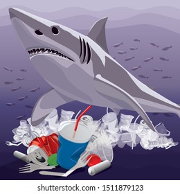 Vector Environment Pollution Illustration Of White Shark. Conceptual Image Of Ocean With Plastic Garbage And White Shark