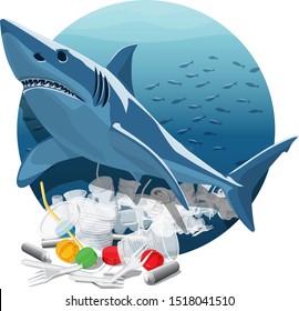 Ilustração Da Poluição Ambiental Vetorial Do Tubarão Branco. Poluição oceânica. Oceano Com Lixo De Plástico E Tubarão Branco