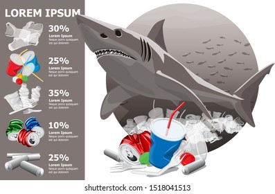 Ilustración De La Infografía O Gráfico De Información De Tiburones Blancos Sobre Contaminación Ambiental De Vectores. Contaminación oceánica. Océano con basura plástica y tiburón blanco