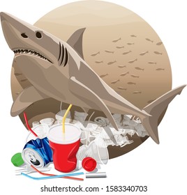 Vector Environment Pollution Illustration Of White Shark. Ocean pollution. Ocean With Plastic Garbage And White Shark