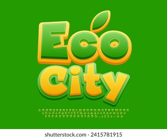 Vector environmental concept Eco City with decorative Leaf. Green and Yellow comic Font. Bright Alphabet Letters, Numbers and Symbols set.