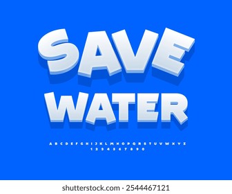 Vector environmental concept Save Water. Unique White 3D Font. Modern Alphabet Letters and Numbers set.