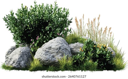Vector environmental landscape, rocky terrain, grassy meadow, plants, nature, wildflowers, lush greenery, sustainable scenery, natural field, rural countryside, outdoor view