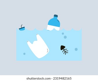 Vector of environmental pollutants. 
Environmental problem, plastic, water, industrial, vehicle, gas, air, land pollution. Design for banner, poster, card, social media, infographic. Water pollution