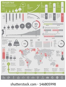 Vector environmental problems infographic elements. World map, charts, ecology icon set