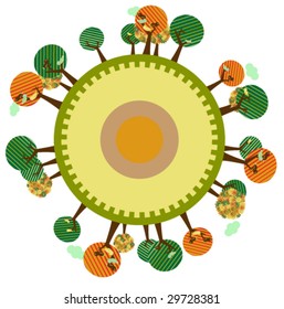 VECTOR Environmental retro planet with trees,birds,flowers and clouds