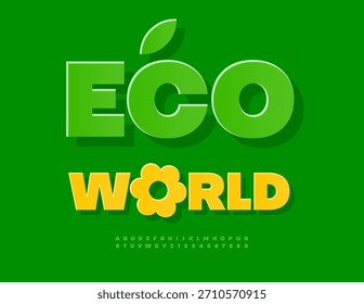 Vector Plantilla Ambiental Eco Mundo con Flor Decorativa. Estilo de pegatina Font. Conjunto verde de letras y números del alfabeto de moda