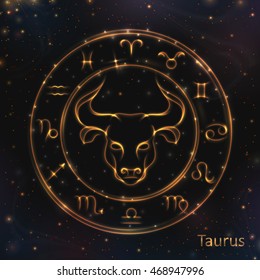 VECTOR eps 10. 12 Glowing Astrology Zodiac Signs in bright circle or ring. Golden shining Taurus
