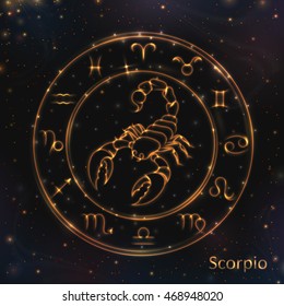 VECTOR eps 10. 12 Glowing Astrology Zodiac Signs in bright circle or ring. Golden shining Scorpio. Golden shining sparkling zodiacs
