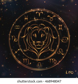 VECTOR eps 10. 12 Glowing Astrology Zodiac Signs in bright circle or ring. Golden shining Leo. Glowing gold rings, shining 12 zodiac symbols around 
