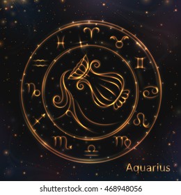 VECTOR eps 10. 12 Glowing Astrology Zodiac Signs in bright circle or ring. Golden shining Aquarius. Golden shining ring with lights and stars

