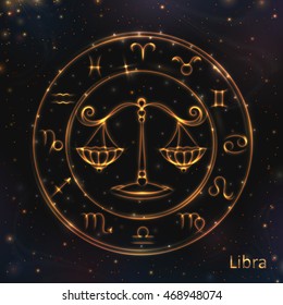 VECTOR eps 10. 12 Glowing Astrology Zodiac Signs in bright circle or ring. Golden shining Libra. Golden shining ring with lights and stars. Fire glowing shining LIBRA zodiac sign. VECTOR zodiac icon 
