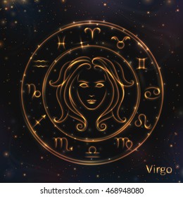 VECTOR eps 10. 12 Glowing Astrology Zodiac Signs in bright circle or ring. Golden shining Virgo. Golden Zodiac Sign VIRGO. Zodiac  Sign shining girl. Star Calendar grecian mythological figure Medusa
