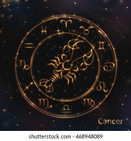 VECTOR eps 10. 12 Glowing Astrology Zodiac Signs in bright circle or ring. Golden shining Cancer. Golden shining ring with lights and stars

