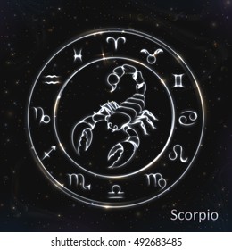 VECTOR eps 10. 12 Glowing Astrology Zodiac Signs in bright circle or ring. Silver shining SCORPIO Silver ring with light stars. Glowing shining scorpio. 12 zodiac symbol in silver light color scorpion