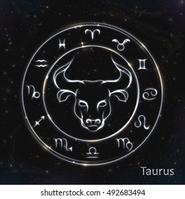 VECTOR eps 10. 12 Glowing Astrology Zodiac Signs in bright circle or ring. Silver shining TAURUS. Silver ring with light stars. Glowing shining taurus. 12 zodiac symbols in silver color taurus zodiac
