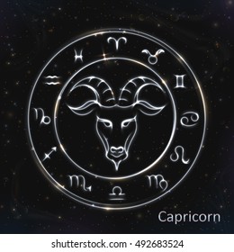 VECTOR eps 10. 12 Glowing Astrology Zodiac Signs in bright circle or ring. Silver shining CAPRICORN. Silver ring with light stars. Glowing shining capricorn. 12 zodiac symbols in silver shine color