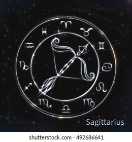 VECTOR eps 10. 12 Glowing Astrology Zodiac Signs in bright circle or ring. Silver shining Sagittarius. Silver ring with light stars. Glowing archer / Sagittarius. 12 zodiac symbols in silver color
