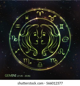 VECTOR eps 10. 12 Glowing GREEN Astrology Zodiac Sign GEMINI in bright circle or ring. GREEN shining GEMINI. Golden shining sparkling zodiacs, Zodiac set ready backgrounds
