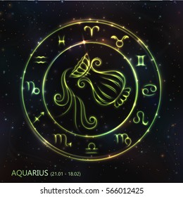 VECTOR eps 10. 12 Glowing GREEN Astrology Zodiac Sign Aquarius in bright circle or ring. GREEN shining Aquarius. Golden shining sparkling zodiacs, Zodiac set ready backgrounds
