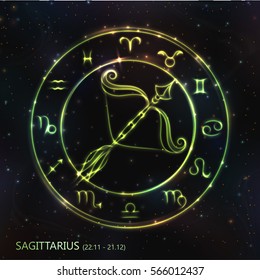 VECTOR eps 10. 12 Glowing GREEN Astrology Zodiac Sign SAGITTARIUS in bright circle or ring. GREEN shining SAGITTARIUS. Golden shining sparkling zodiacs, Zodiac set ready backgrounds