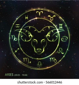 VECTOR eps 10. 12 Glowing GREEN Astrology Zodiac Sign ARIES in bright circle or ring. GREEN shining ARIES. Golden shining sparkling zodiacs, Zodiac set ready backgrounds
